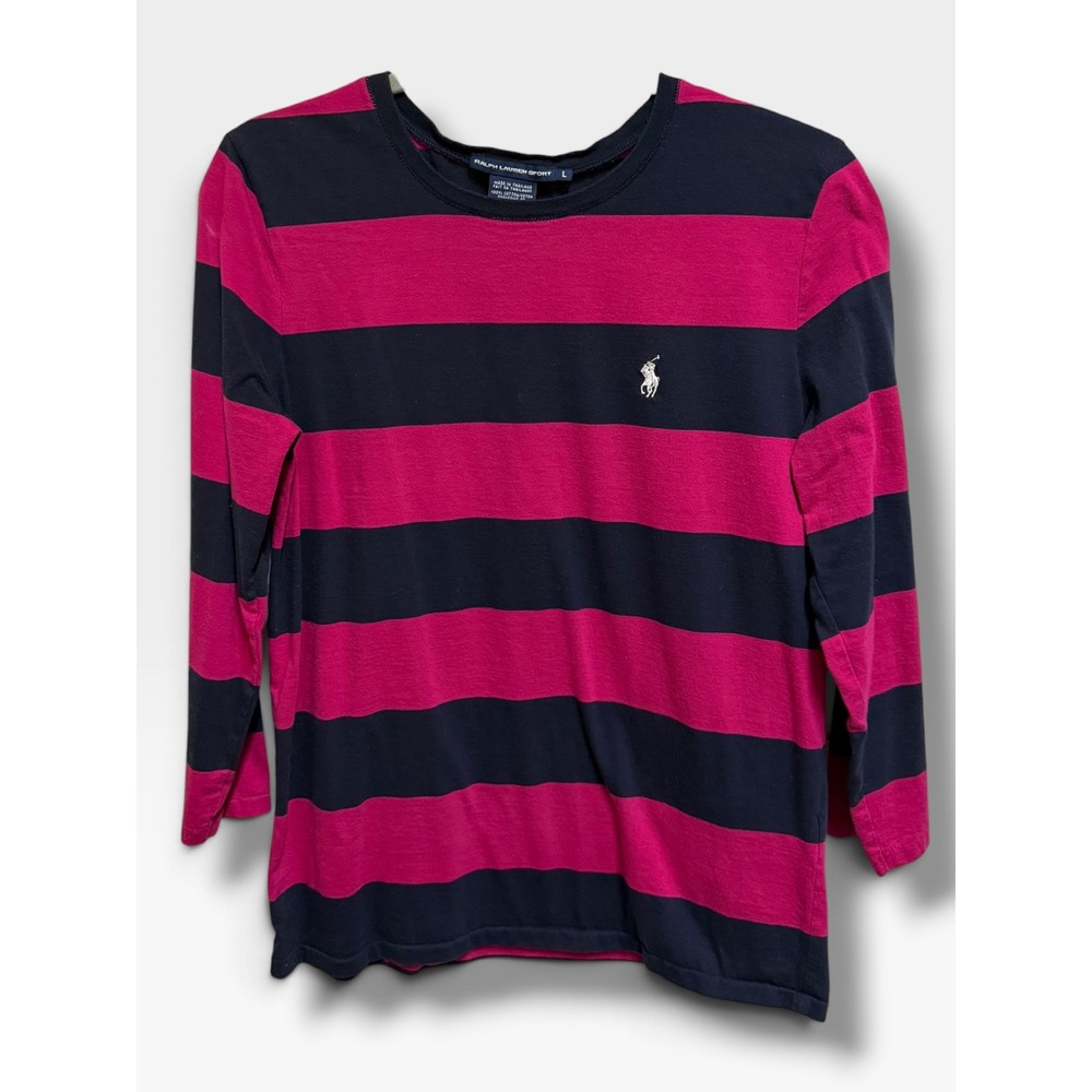 Ralph Lauren Sport Pink Navy Stripe 3/4 Sleeve Cotton Tee Pony Logo L